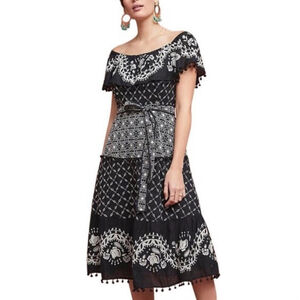 Anthropologie Marisol Off-The-Shoulder Midi Boho Embroidered Dress Black Size 4